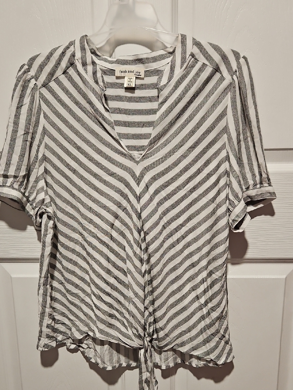 Faith and Joy Gray & White Striped Tie-Hem V-Neck Blouse